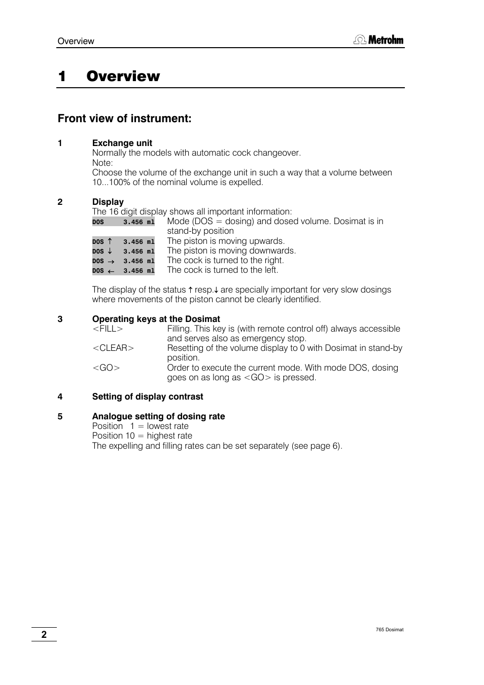 Overview, 1 overview, Front view of instrument | Metrohm 765 Dosimat User Manual | Page 6 / 66