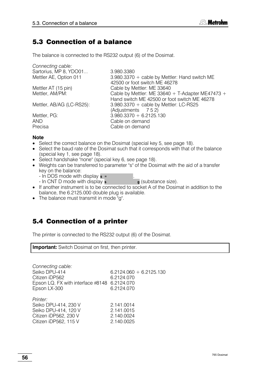 Connection of a balance, Connection of a printer, 3 connection of a balance | 4 connection of a printer | Metrohm 765 Dosimat User Manual | Page 60 / 66