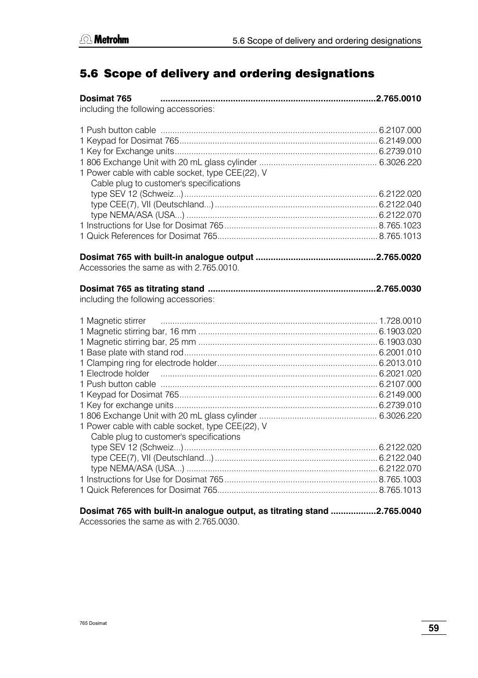 Scope of delivery and ordering designations, 6 scope of delivery and ordering designations | Metrohm 765 Dosimat User Manual | Page 63 / 66