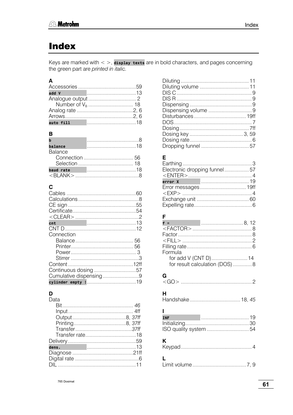 Index | Metrohm 765 Dosimat User Manual | Page 65 / 66