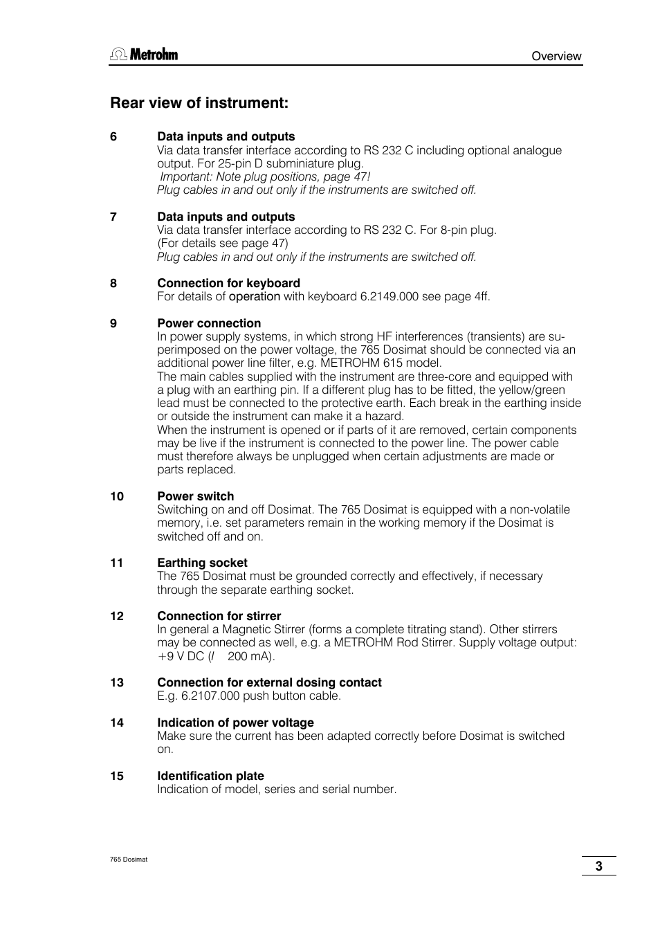 Rear view of instrument | Metrohm 765 Dosimat User Manual | Page 7 / 66