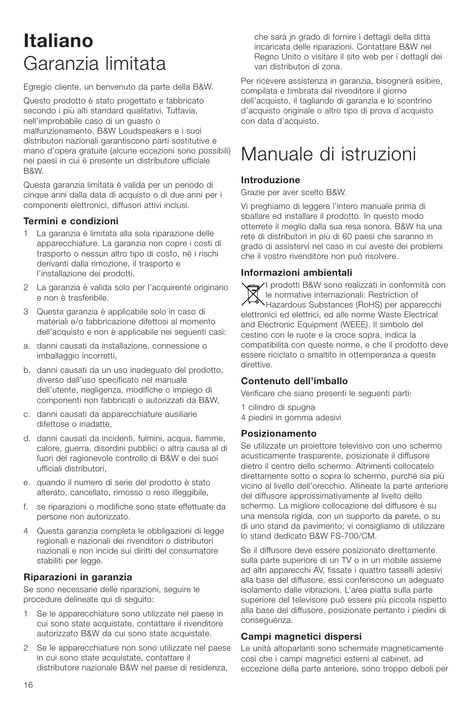 Italiano garanzia limitata, Manuale di istruzioni | Bowers & Wilkins CM Center User Manual | Page 19 / 44