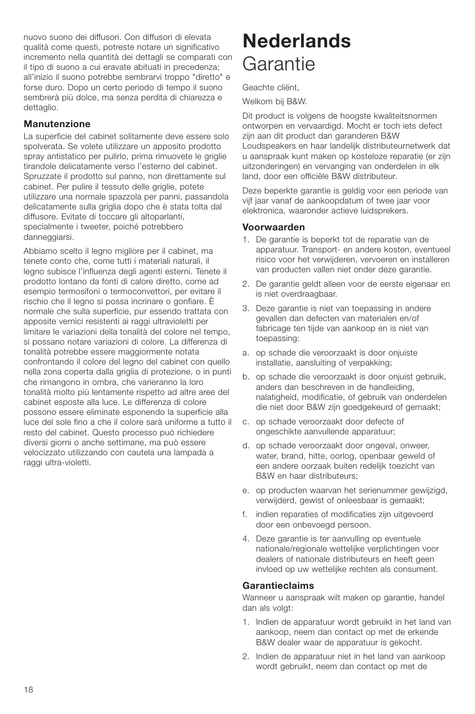 Nederlands garantie | Bowers & Wilkins CM Center User Manual | Page 21 / 44