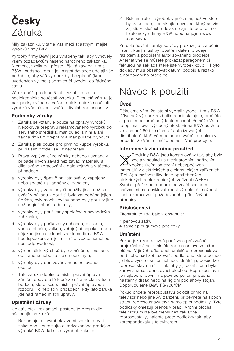 Esky záruka, Návod k pouãití | Bowers & Wilkins CM Center User Manual | Page 30 / 44