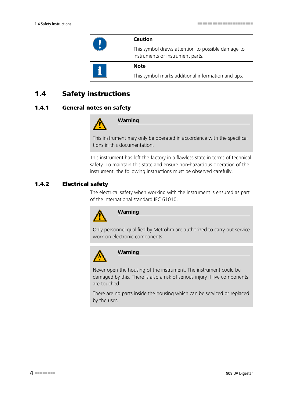 4 safety instructions, 1 general notes on safety, 2 electrical safety | Safety instructions, General notes on safety, Electrical safety | Metrohm 909 UV Digester User Manual | Page 12 / 59