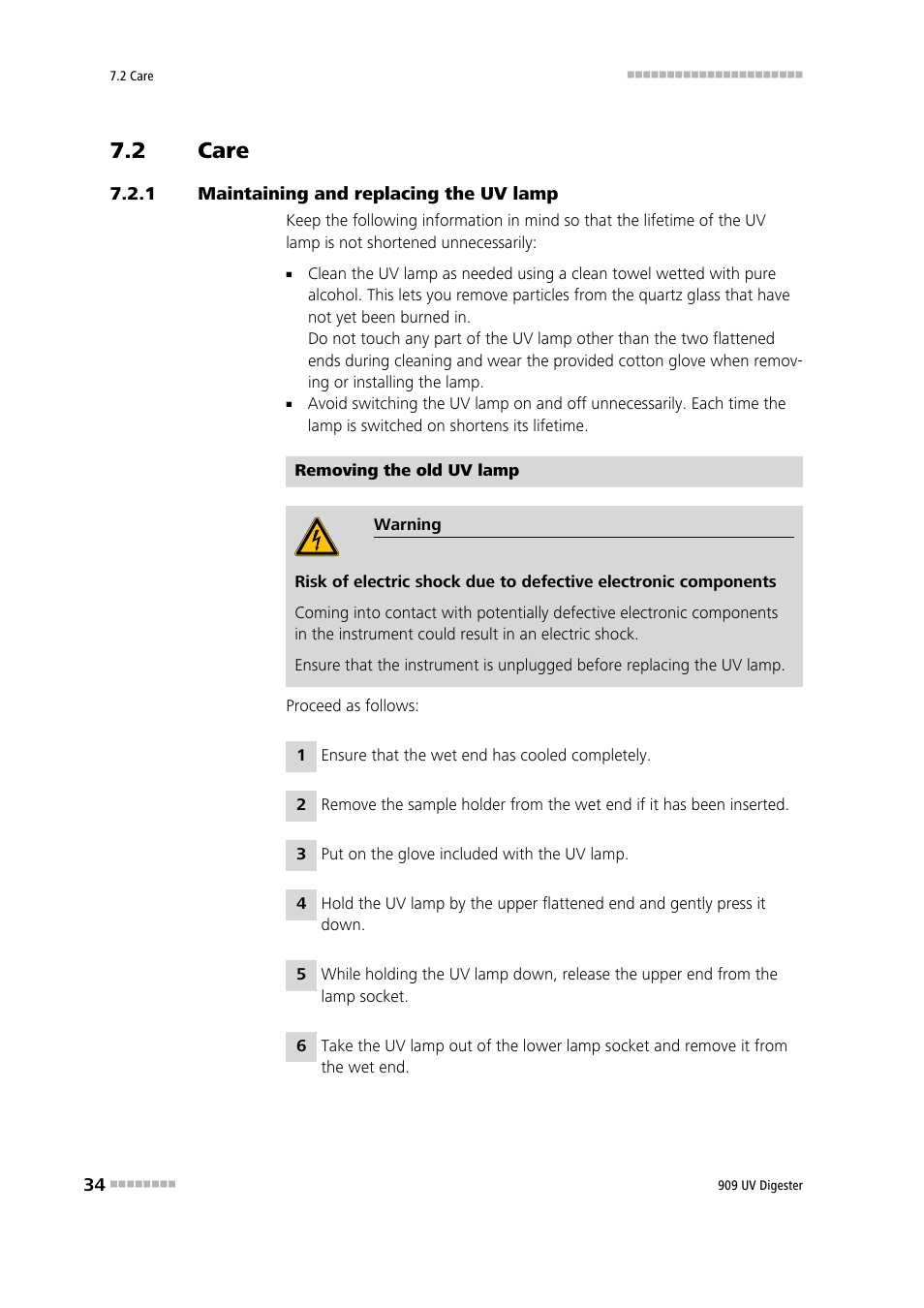 2 care, 1 maintaining and replacing the uv lamp, Care | Maintaining and replacing the uv lamp | Metrohm 909 UV Digester User Manual | Page 42 / 59