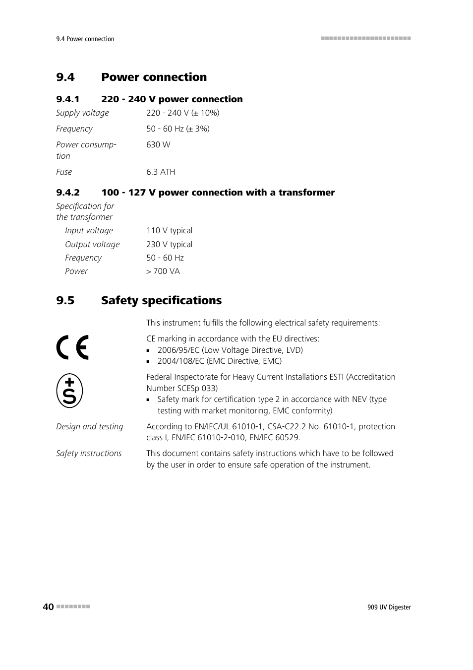 4 power connection, 1 220 - 240 v power connection, 2 100 - 127 v power connection with a transformer | 5 safety specifications, Power connection, 220 - 240 v power connection, 100 - 127 v power connection with a transformer, Safety specifications | Metrohm 909 UV Digester User Manual | Page 48 / 59