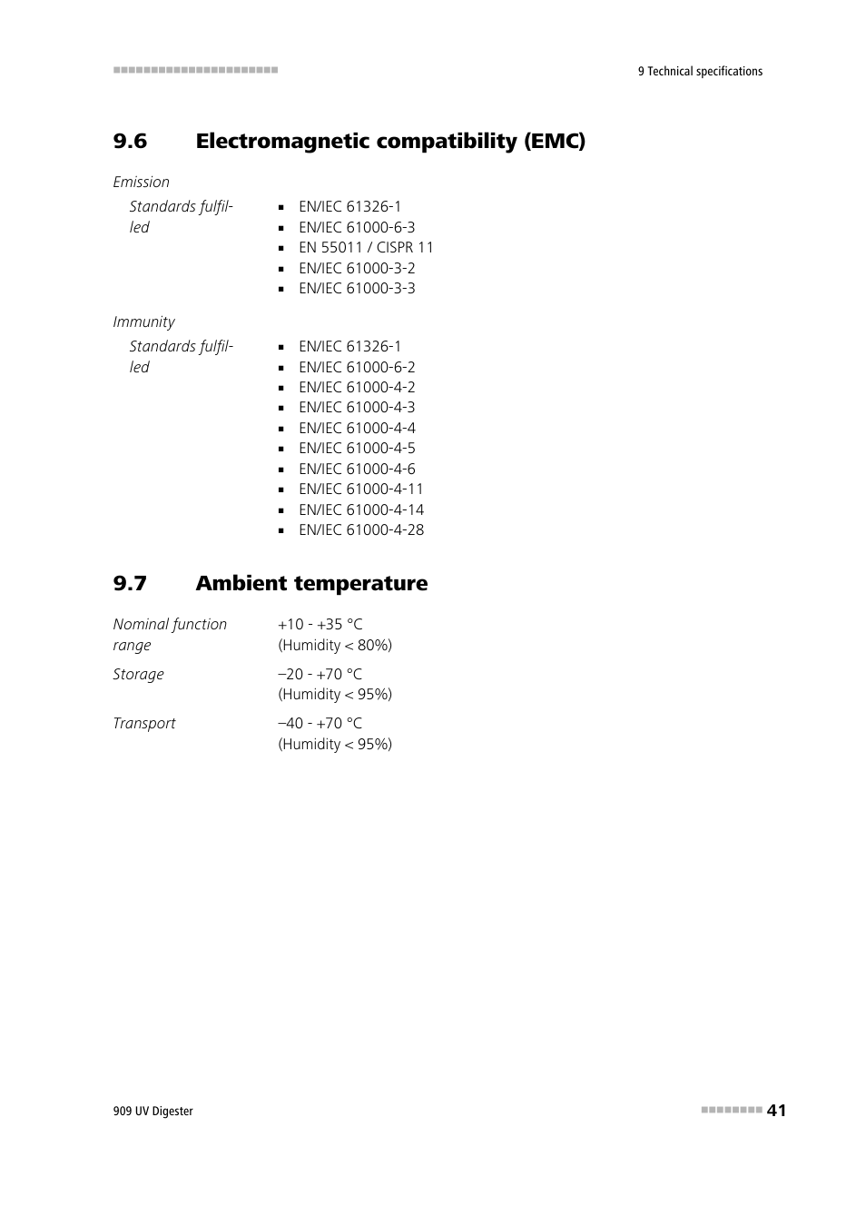 6 electromagnetic compatibility (emc), 7 ambient temperature, Electromagnetic compatibility (emc) | Ambient temperature | Metrohm 909 UV Digester User Manual | Page 49 / 59