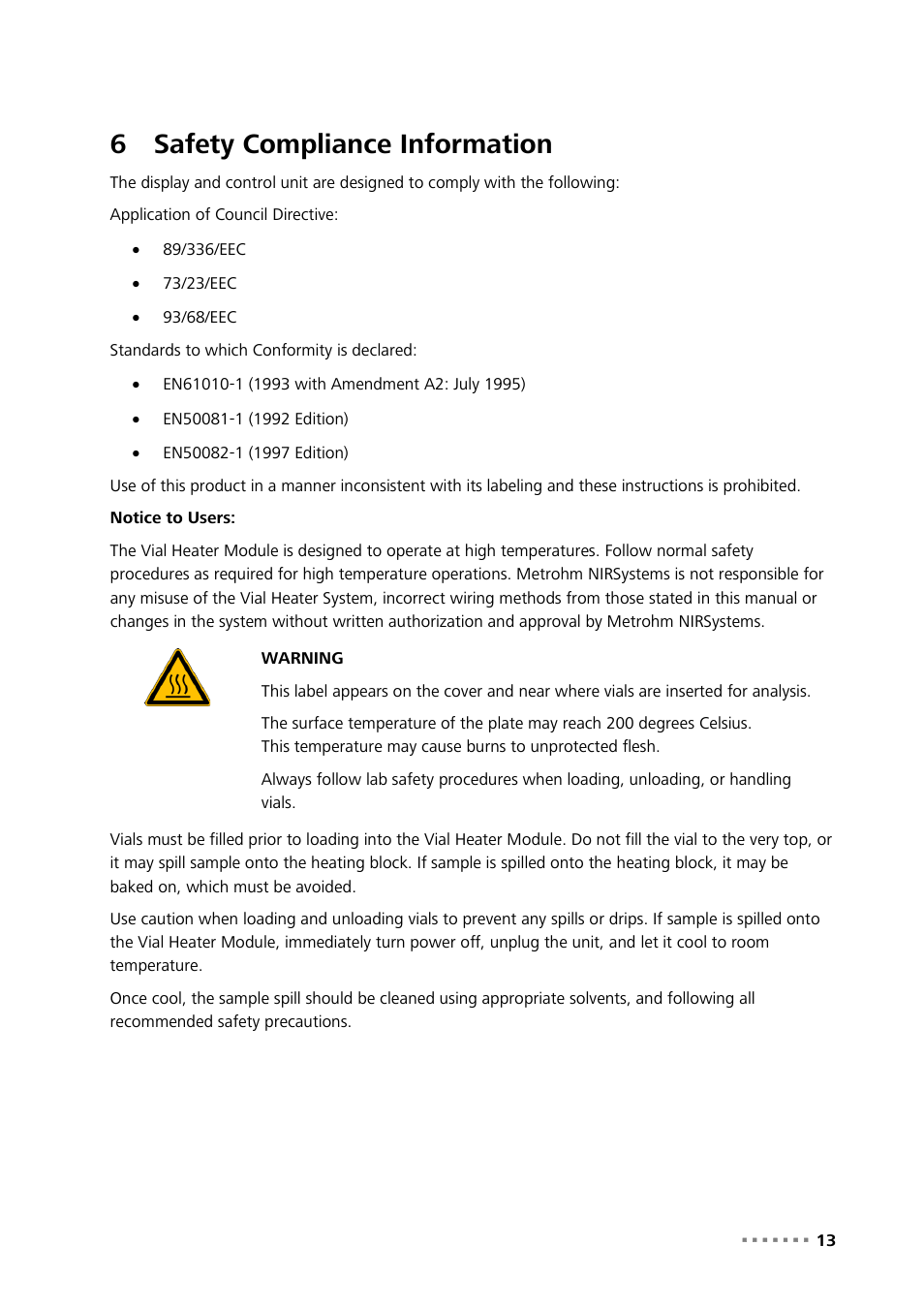 6 safety compliance information, Safety compliance information, 6safety compliance information | Metrohm 921 NIRS Vial Heater User Manual | Page 15 / 16