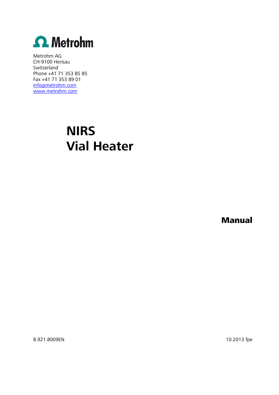Nirs vial heater, Manual | Metrohm 921 NIRS Vial Heater User Manual | Page 3 / 16