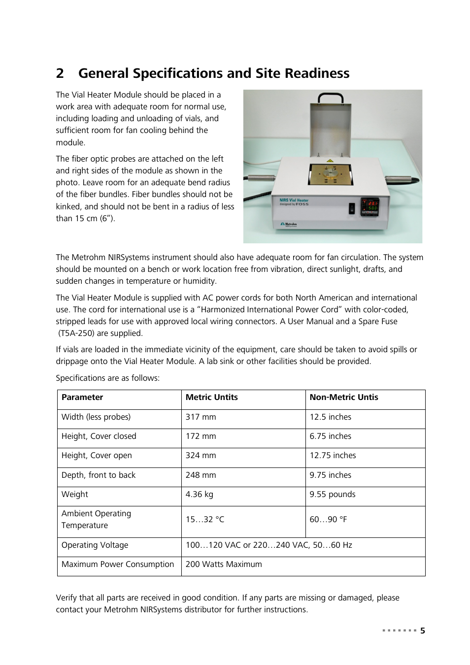 2 general specifications and site readiness, General specifications and site readiness, 2general specifications and site readiness | Metrohm 921 NIRS Vial Heater User Manual | Page 7 / 16