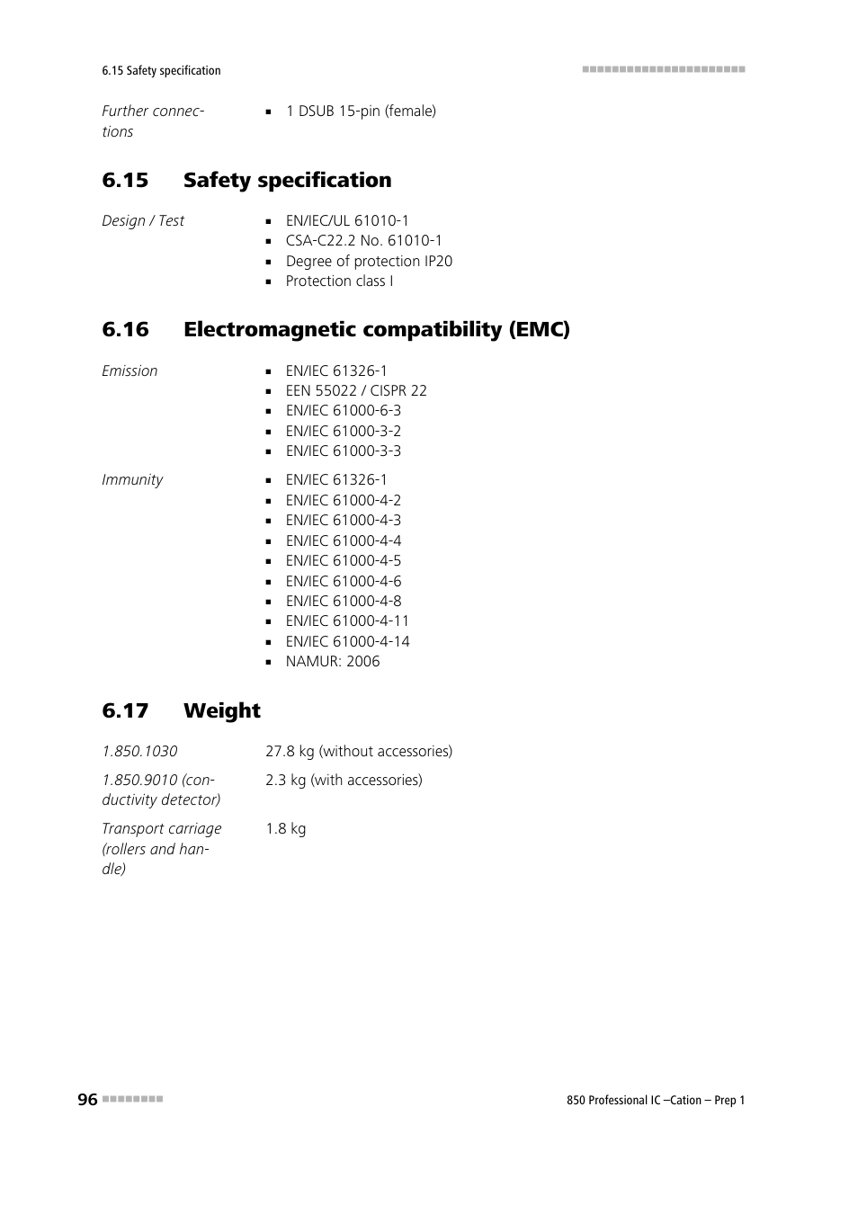 15 safety specification, 16 electromagnetic compatibility (emc), 17 weight | Metrohm 850 Professiona IC Cation Prep 1 User Manual | Page 106 / 127