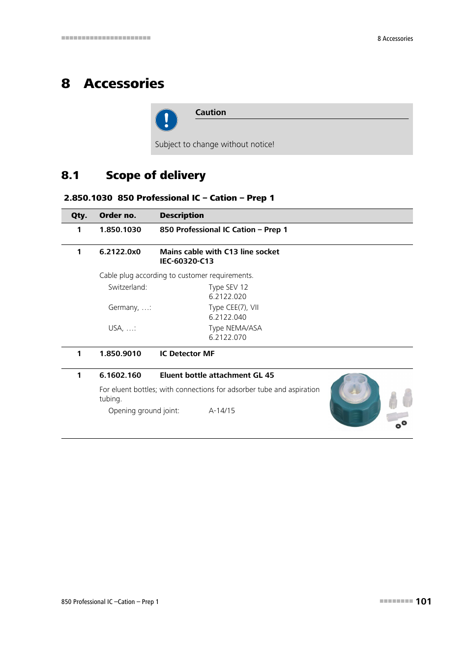 8 accessories, 1 scope of delivery, Scope of delivery | Metrohm 850 Professiona IC Cation Prep 1 User Manual | Page 111 / 127