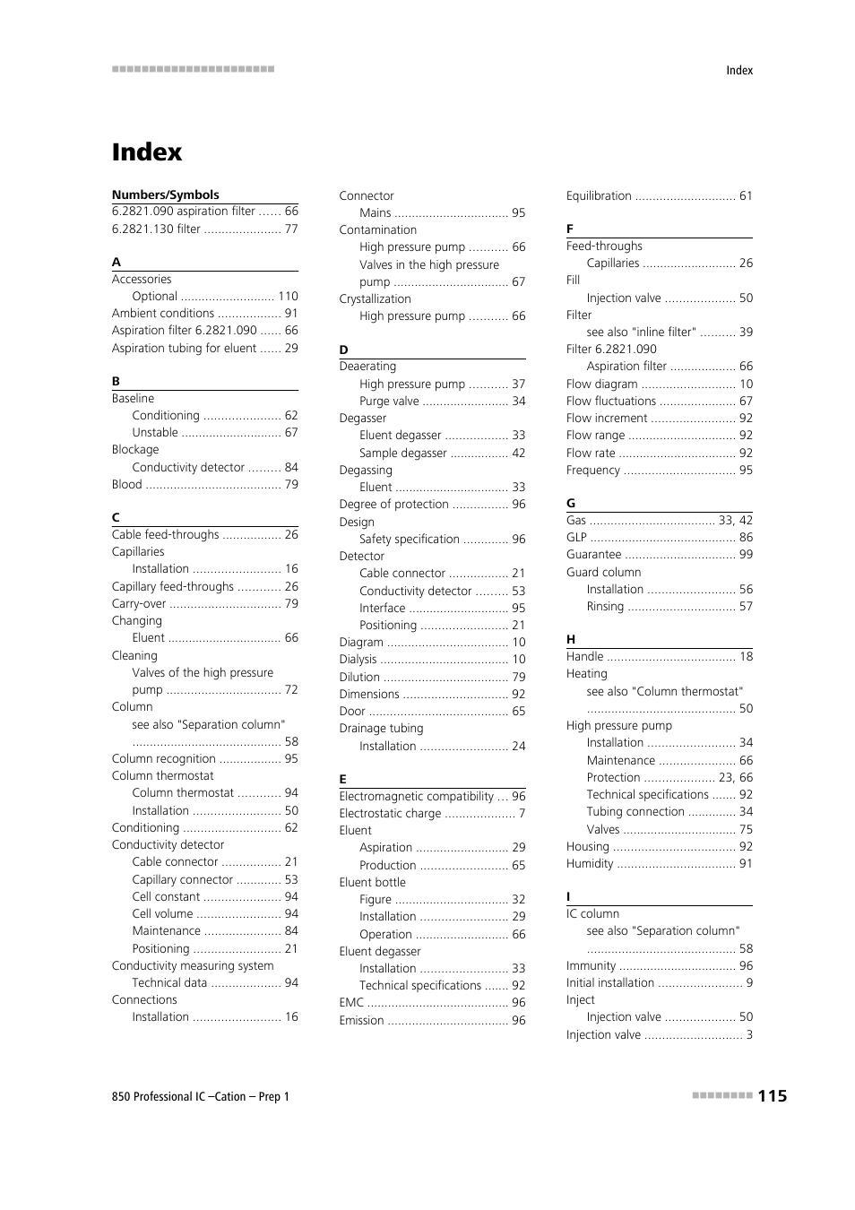 Index | Metrohm 850 Professiona IC Cation Prep 1 User Manual | Page 125 / 127