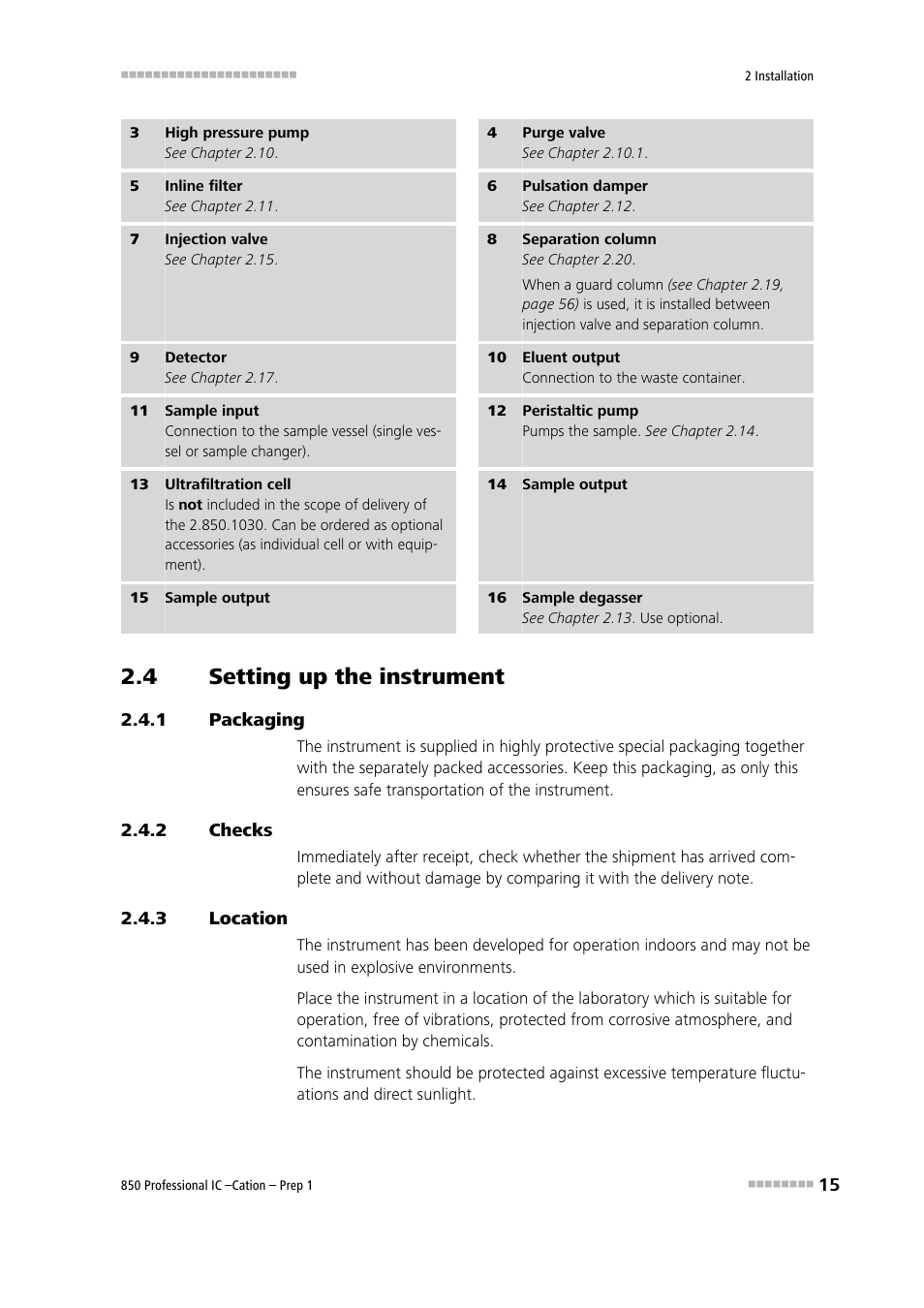 4 setting up the instrument, 1 packaging, 2 checks | 3 location, Setting up the instrument, Packaging, Checks, Location | Metrohm 850 Professiona IC Cation Prep 1 User Manual | Page 25 / 127