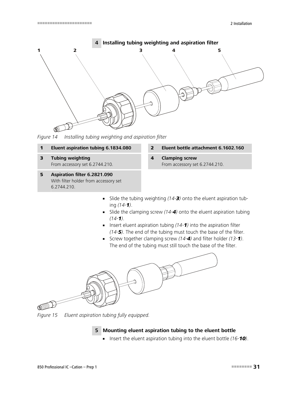 Figure 14, Installing tubing weighting and aspiration filter, Figure 15 | Eluent aspiration tubing fully equipped | Metrohm 850 Professiona IC Cation Prep 1 User Manual | Page 41 / 127