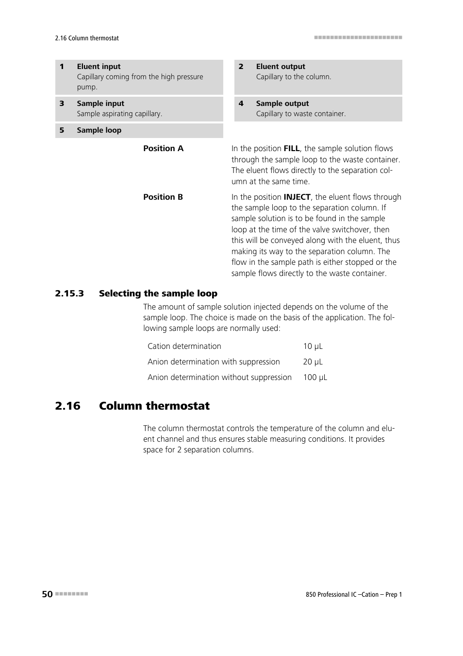 3 selecting the sample loop, 16 column thermostat, Selecting the sample loop | Metrohm 850 Professiona IC Cation Prep 1 User Manual | Page 60 / 127