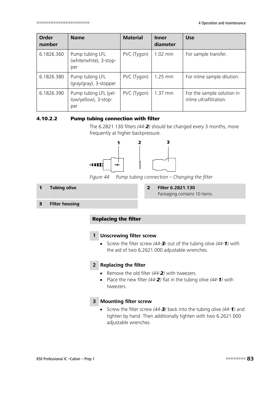 2 pump tubing connection with filter, Figure 44, Pump tubing connection – changing the filter | Metrohm 850 Professiona IC Cation Prep 1 User Manual | Page 93 / 127