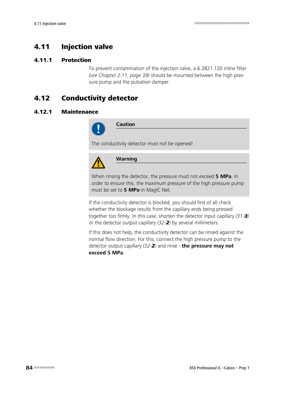 11 injection valve, 1 protection, 12 conductivity detector | 1 maintenance, Protection, Maintenance | Metrohm 850 Professiona IC Cation Prep 1 User Manual | Page 94 / 127