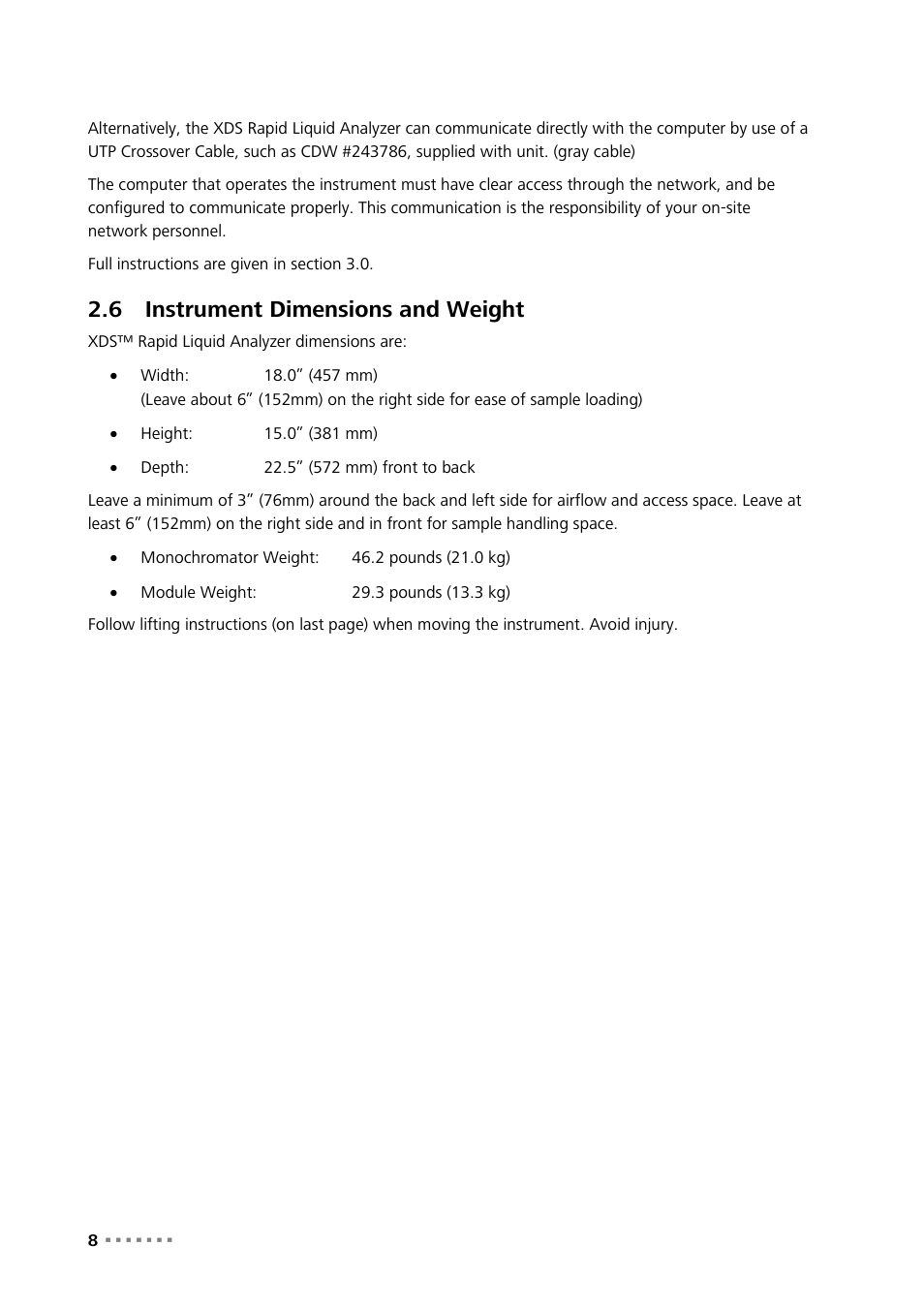 6 instrument dimensions and weight, Instrument dimensions and weight | Metrohm NIRS XDS RapidLiquid Analyzer User Manual | Page 10 / 85