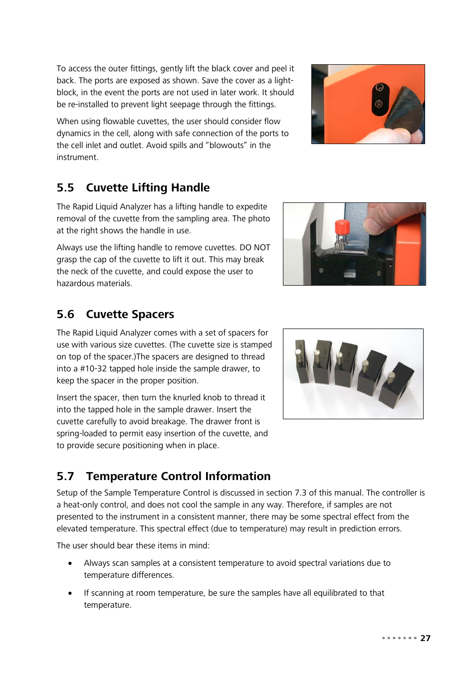 5 cuvette lifting handle, 6 cuvette spacers, 7 temperature control information | Cuvette lifting handle, Cuvette spacers, Temperature control information | Metrohm NIRS XDS RapidLiquid Analyzer User Manual | Page 29 / 85