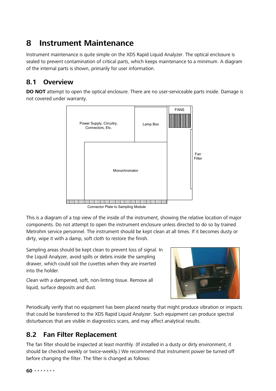 8 instrument maintenance, 1 overview, 2 fan filter replacement | Instrument maintenance, Overview, Fan filter replacement, 8instrument maintenance | Metrohm NIRS XDS RapidLiquid Analyzer User Manual | Page 62 / 85
