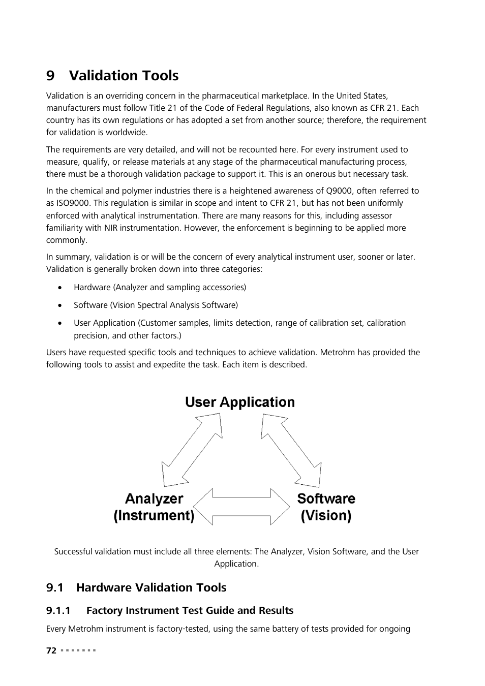 9 validation tools, 1 hardware validation tools, 1 factory instrument test guide and results | Validation tools, Hardware validation tools, Factory instrument test guide and results, 9validation tools | Metrohm NIRS XDS RapidLiquid Analyzer User Manual | Page 74 / 85