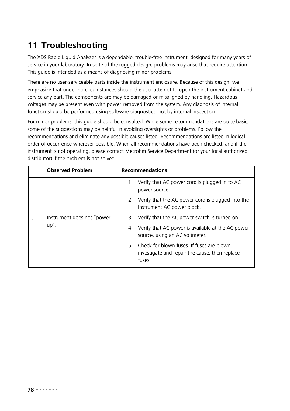 11 troubleshooting, Troubleshooting | Metrohm NIRS XDS RapidLiquid Analyzer User Manual | Page 80 / 85