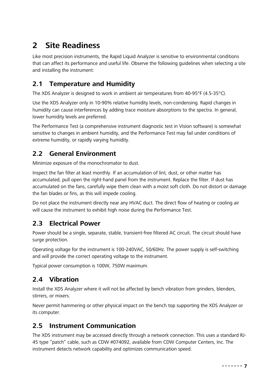 2 site readiness, 1 temperature and humidity, 2 general environment | 3 electrical power, 4 vibration, 5 instrument communication, Site readiness, Temperature and humidity, General environment, Electrical power | Metrohm NIRS XDS RapidLiquid Analyzer User Manual | Page 9 / 85