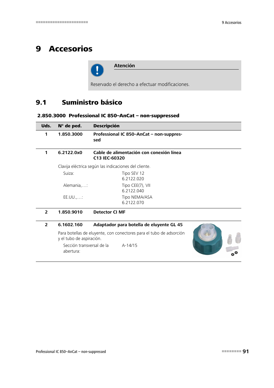 9 accesorios, 1 suministro básico, Suministro básico | Metrohm 850 Professional IC AnCat Nonsuppressed User Manual | Page 101 / 113