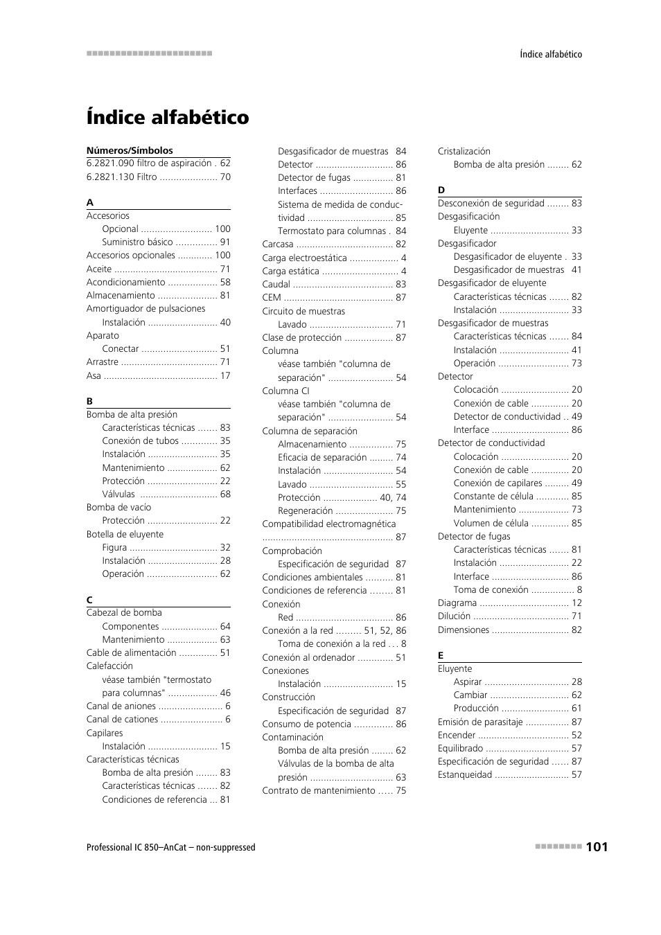 Índice alfabético | Metrohm 850 Professional IC AnCat Nonsuppressed User Manual | Page 111 / 113