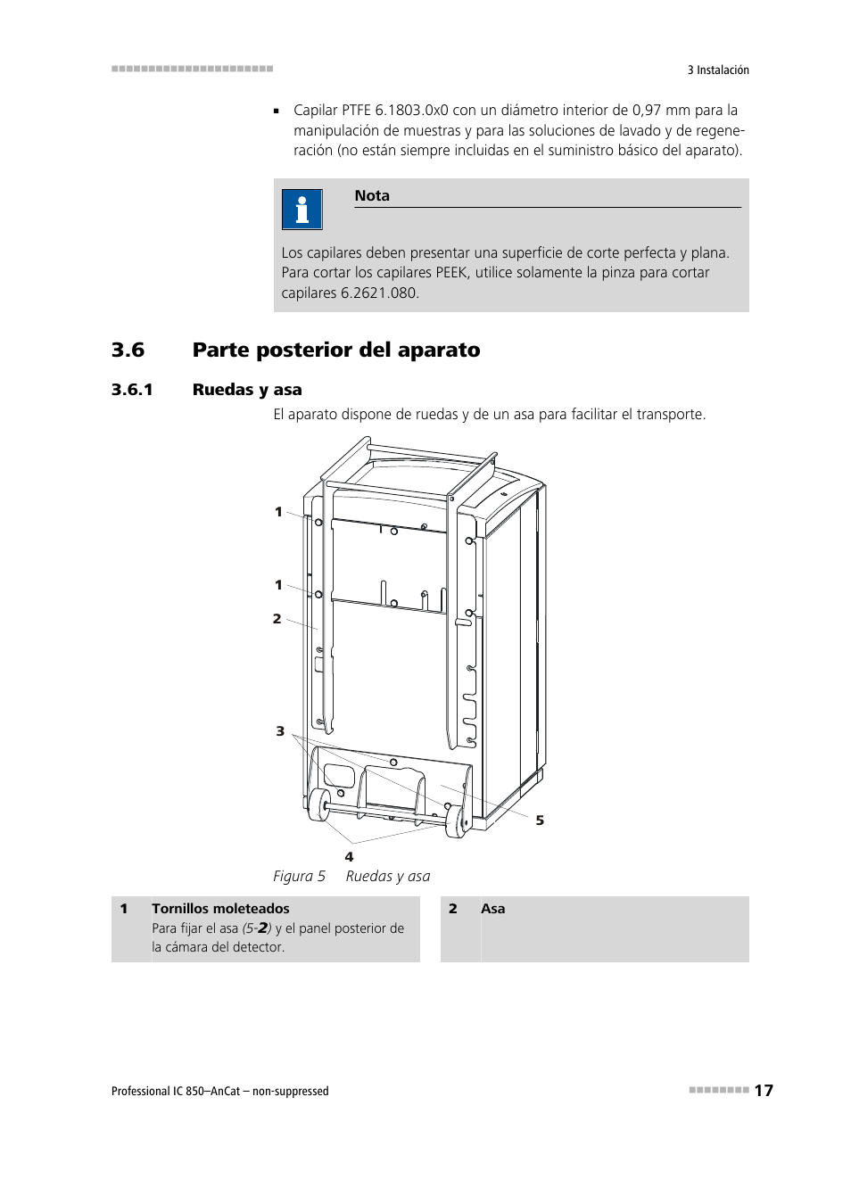 6 parte posterior del aparato, 1 ruedas y asa, Parte posterior del aparato | Ruedas y asa, Figura 5 | Metrohm 850 Professional IC AnCat Nonsuppressed User Manual | Page 27 / 113