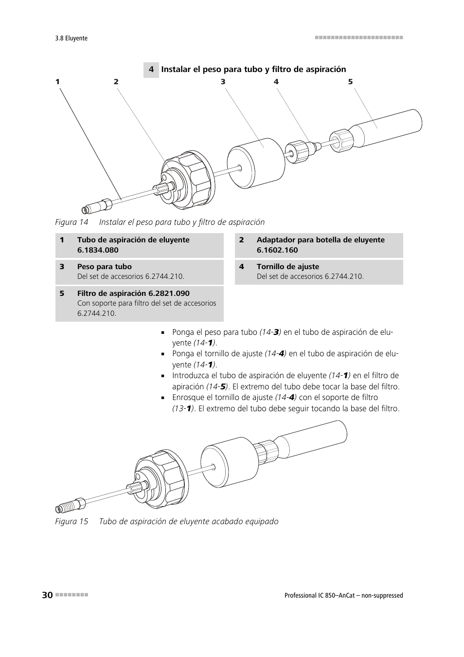Figura 14, Instalar el peso para tubo y filtro de aspiración, Figura 15 | Tubo de aspiración de eluyente acabado equipado | Metrohm 850 Professional IC AnCat Nonsuppressed User Manual | Page 40 / 113