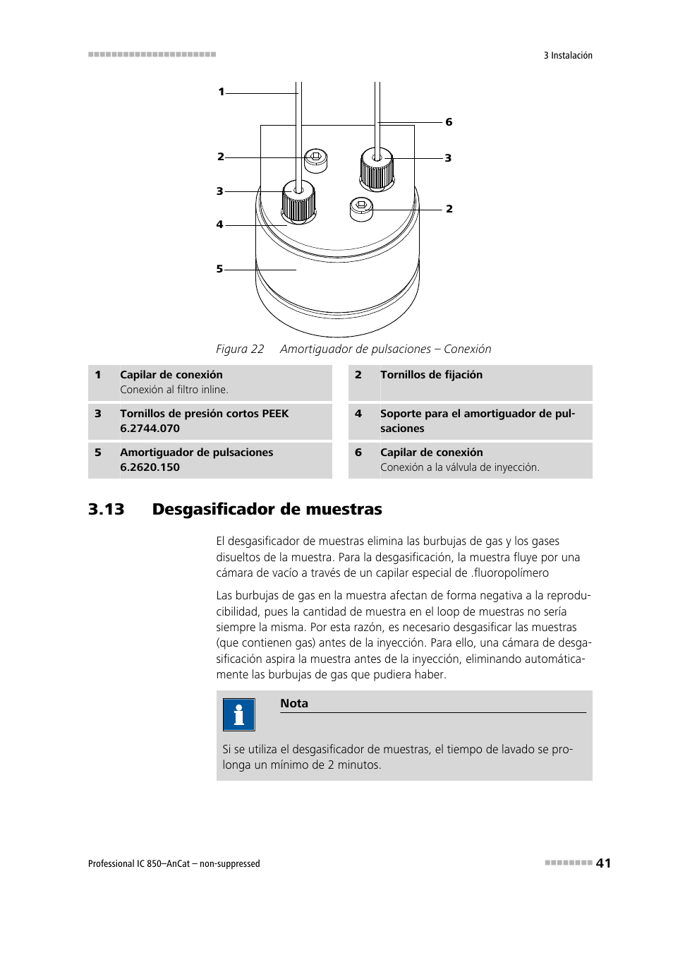 13 desgasificador de muestras, Figura 22, Amortiguador de pulsaciones – conexión | Metrohm 850 Professional IC AnCat Nonsuppressed User Manual | Page 51 / 113