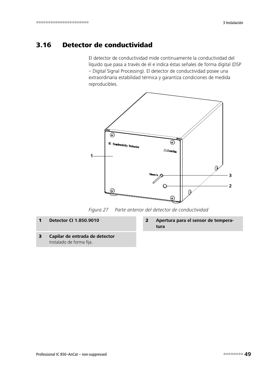 16 detector de conductividad, Figura 27, Parte anterior del detector de conductividad | Metrohm 850 Professional IC AnCat Nonsuppressed User Manual | Page 59 / 113