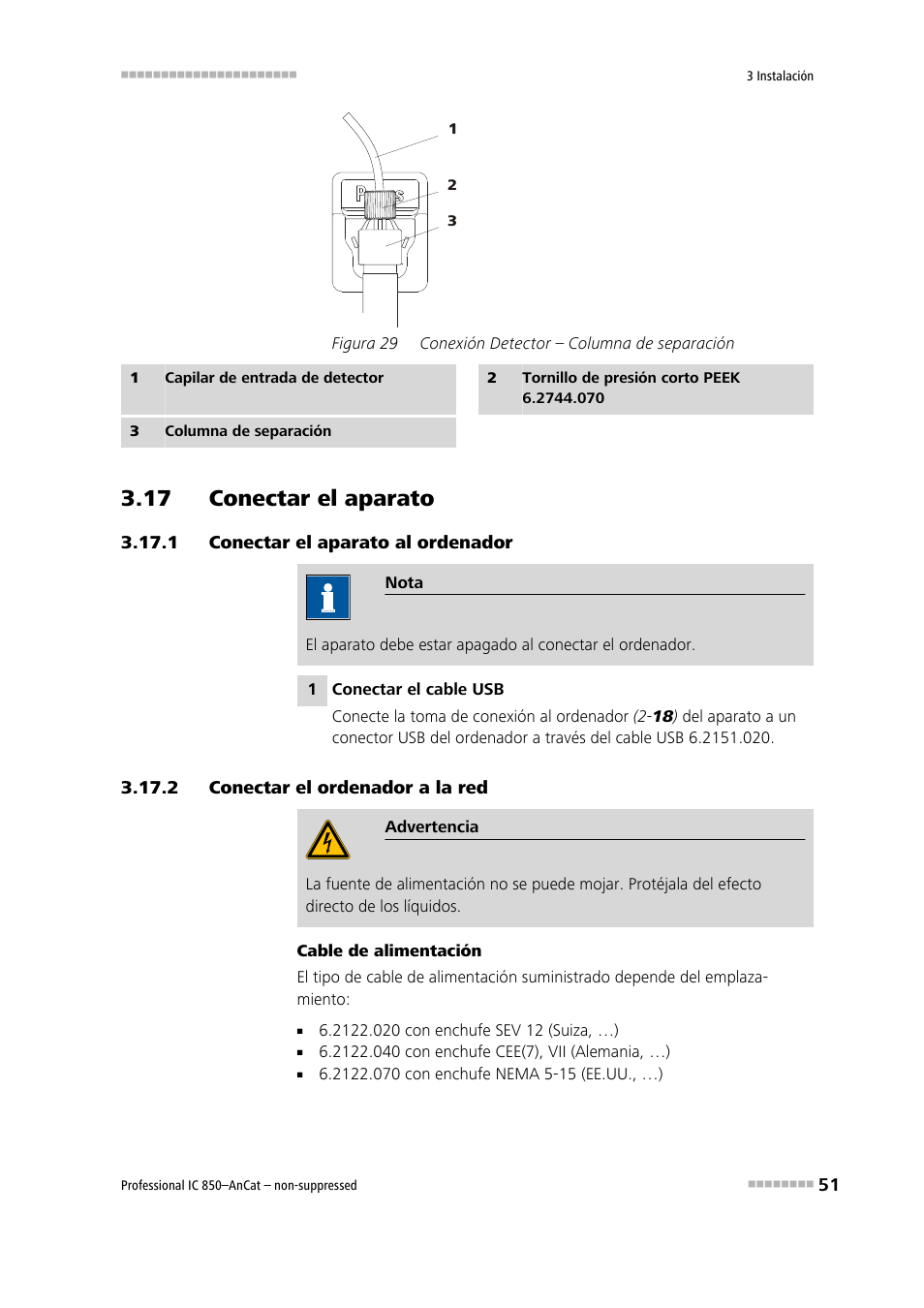 17 conectar el aparato, 1 conectar el aparato al ordenador, 2 conectar el ordenador a la red | Conectar el aparato al ordenador, Conectar el ordenador a la red, Figura 29, Conexión detector – columna de separación | Metrohm 850 Professional IC AnCat Nonsuppressed User Manual | Page 61 / 113