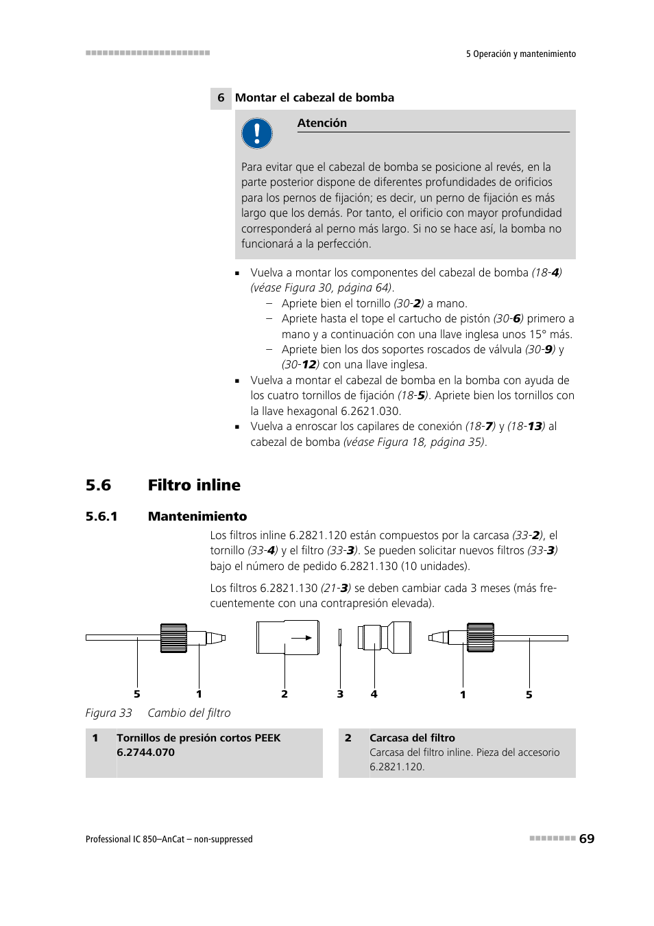 6 filtro inline, 1 mantenimiento, Filtro inline | Mantenimiento, Figura 33, Cambio del filtro | Metrohm 850 Professional IC AnCat Nonsuppressed User Manual | Page 79 / 113