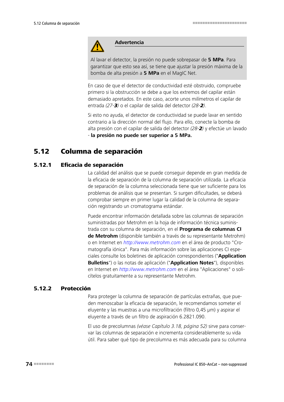 12 columna de separación, 1 eficacia de separación, 2 protección | Eficacia de separación, Protección | Metrohm 850 Professional IC AnCat Nonsuppressed User Manual | Page 84 / 113