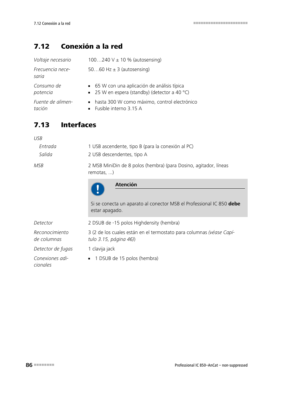 12 conexión a la red, 13 interfaces | Metrohm 850 Professional IC AnCat Nonsuppressed User Manual | Page 96 / 113