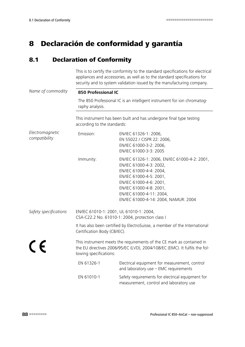 8 declaración de conformidad y garantía, 1 declaration of conformity, Declaration of conformity | Metrohm 850 Professional IC AnCat Nonsuppressed User Manual | Page 98 / 113