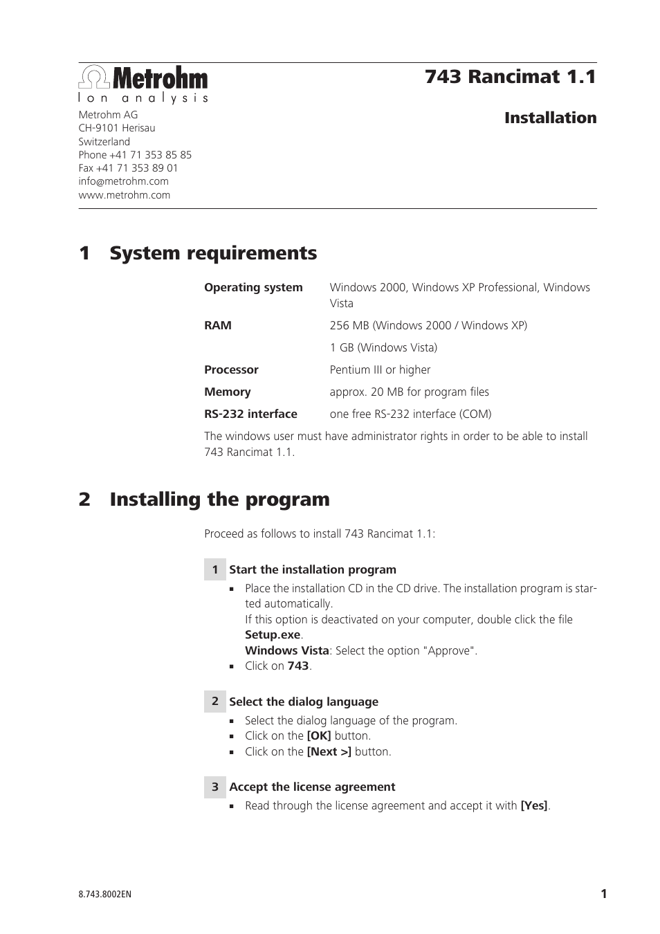Metrohm 743 Rancimat 1.1 User Manual | 2 pages