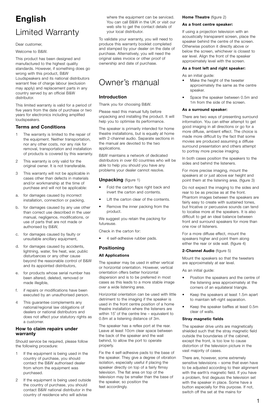 English limited warranty, Owner’s manual | Bowers & Wilkins LCR3 User Manual | Page 4 / 34