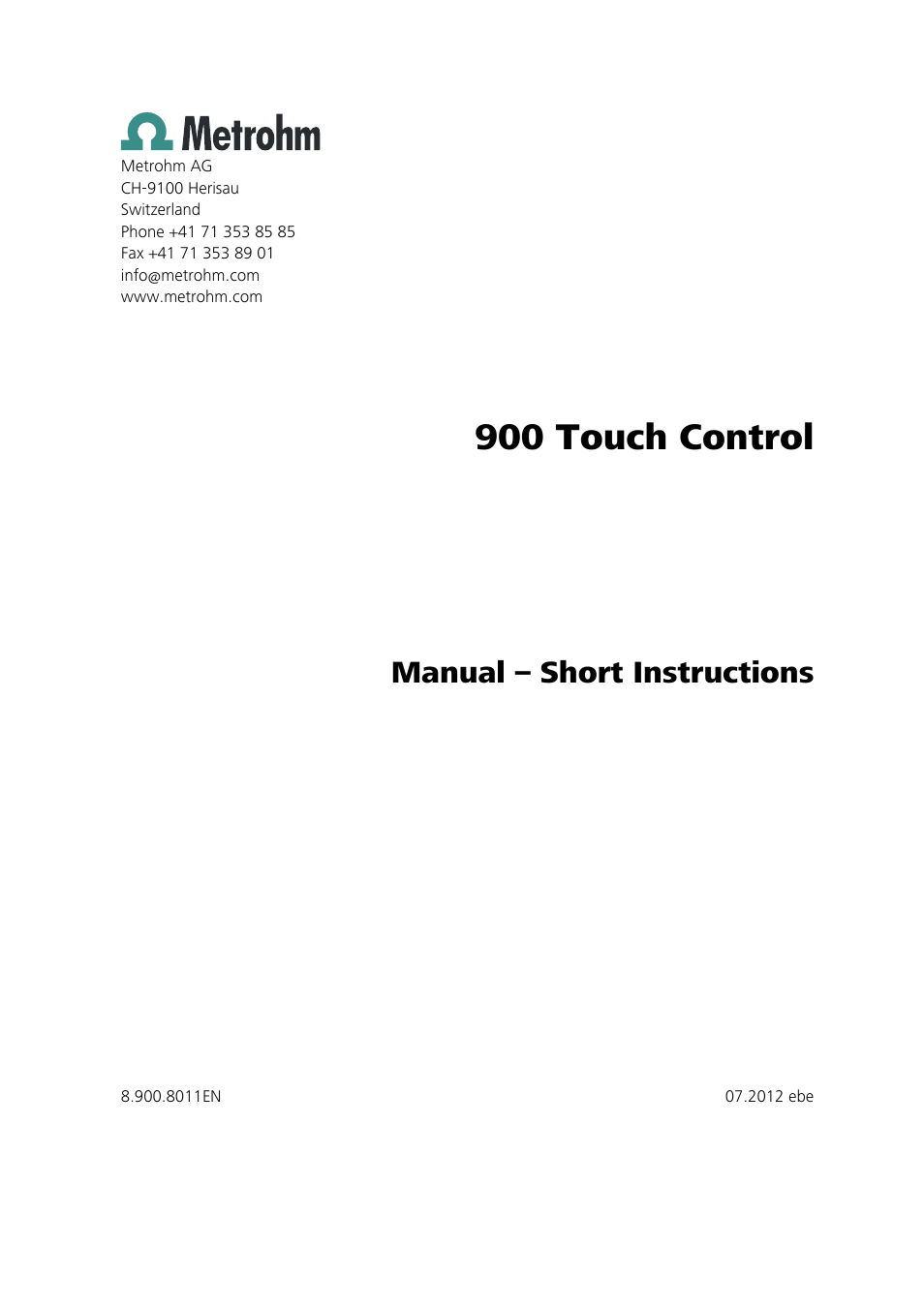 900 touch control, Manual – short instructions | Metrohm 900 Touch Control Short Instructions User Manual | Page 3 / 27