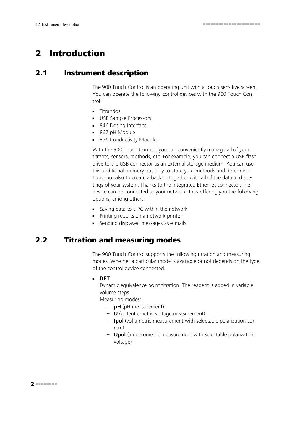 2 introduction, 1 instrument description, 2 titration and measuring modes | Instrument description, Titration and measuring modes | Metrohm 900 Touch Control Short Instructions User Manual | Page 8 / 27