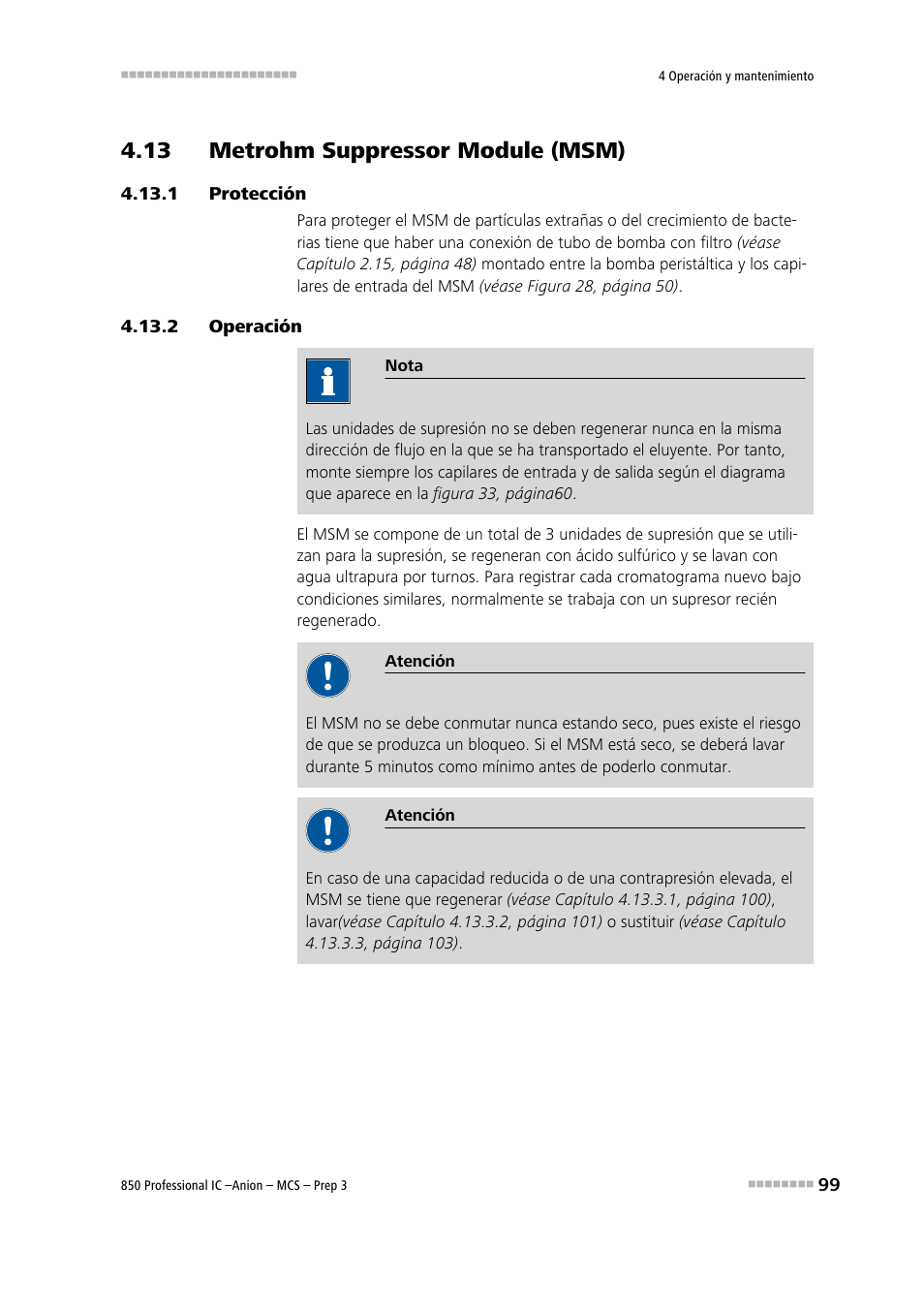 13 metrohm suppressor module (msm), 1 protección, 2 operación | Protección, Operación | Metrohm 850 Professional IC Anion MCS Prep 3 User Manual | Page 109 / 152