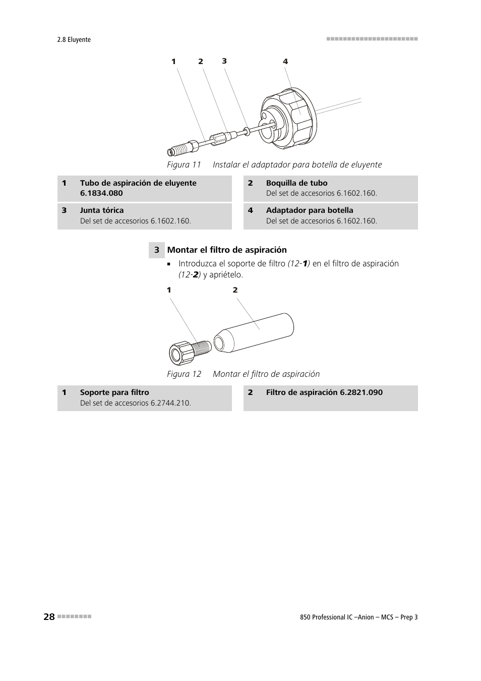 Figura 11, Instalar el adaptador para botella de eluyente, Figura 12 | Montar el filtro de aspiración, Ración de eluyente (11-1) | Metrohm 850 Professional IC Anion MCS Prep 3 User Manual | Page 38 / 152
