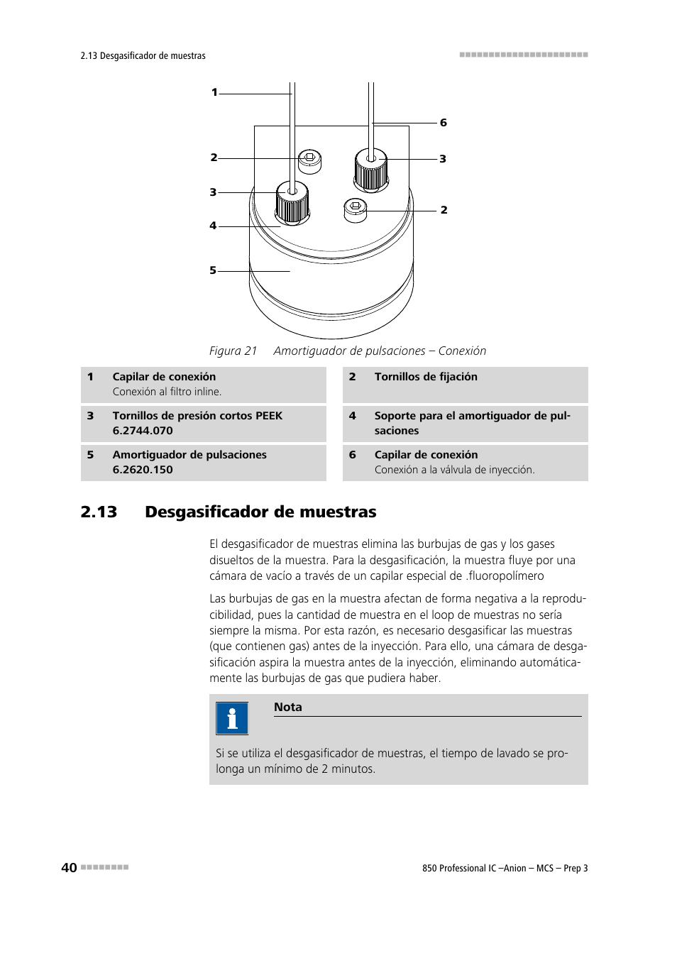 13 desgasificador de muestras, Figura 21, Amortiguador de pulsaciones – conexión | Véase el capítulo 2.13 . utilización opcional | Metrohm 850 Professional IC Anion MCS Prep 3 User Manual | Page 50 / 152