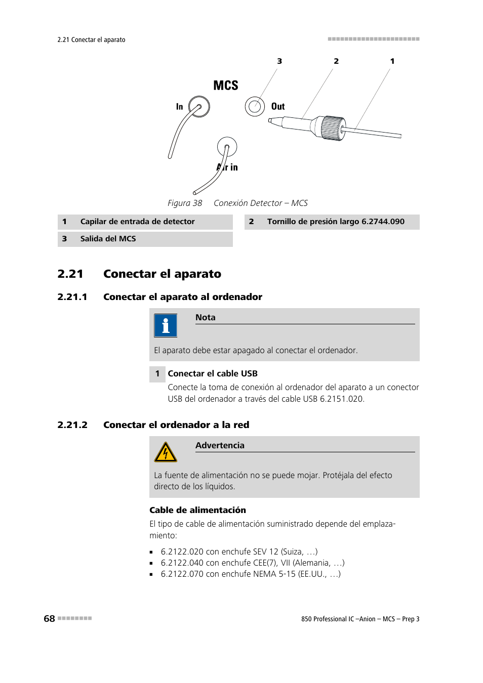 21 conectar el aparato, 1 conectar el aparato al ordenador, 2 conectar el ordenador a la red | Conectar el aparato al ordenador, Conectar el ordenador a la red, Figura 38, Conexión detector – mcs | Metrohm 850 Professional IC Anion MCS Prep 3 User Manual | Page 78 / 152