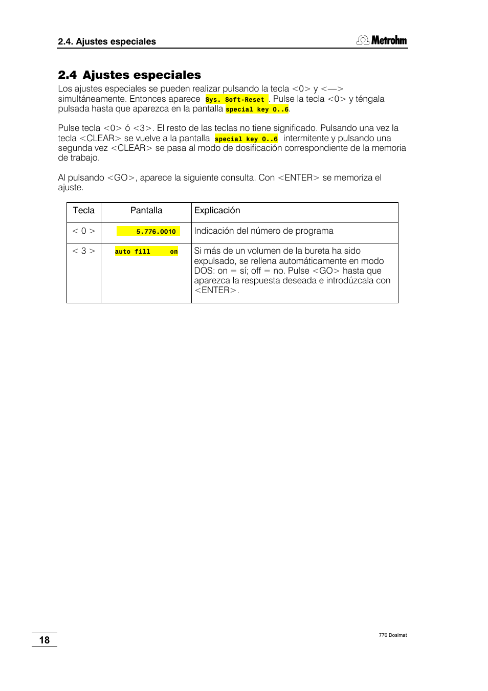 4 ajustes especiales | Metrohm 776 Dosimat User Manual | Page 22 / 42