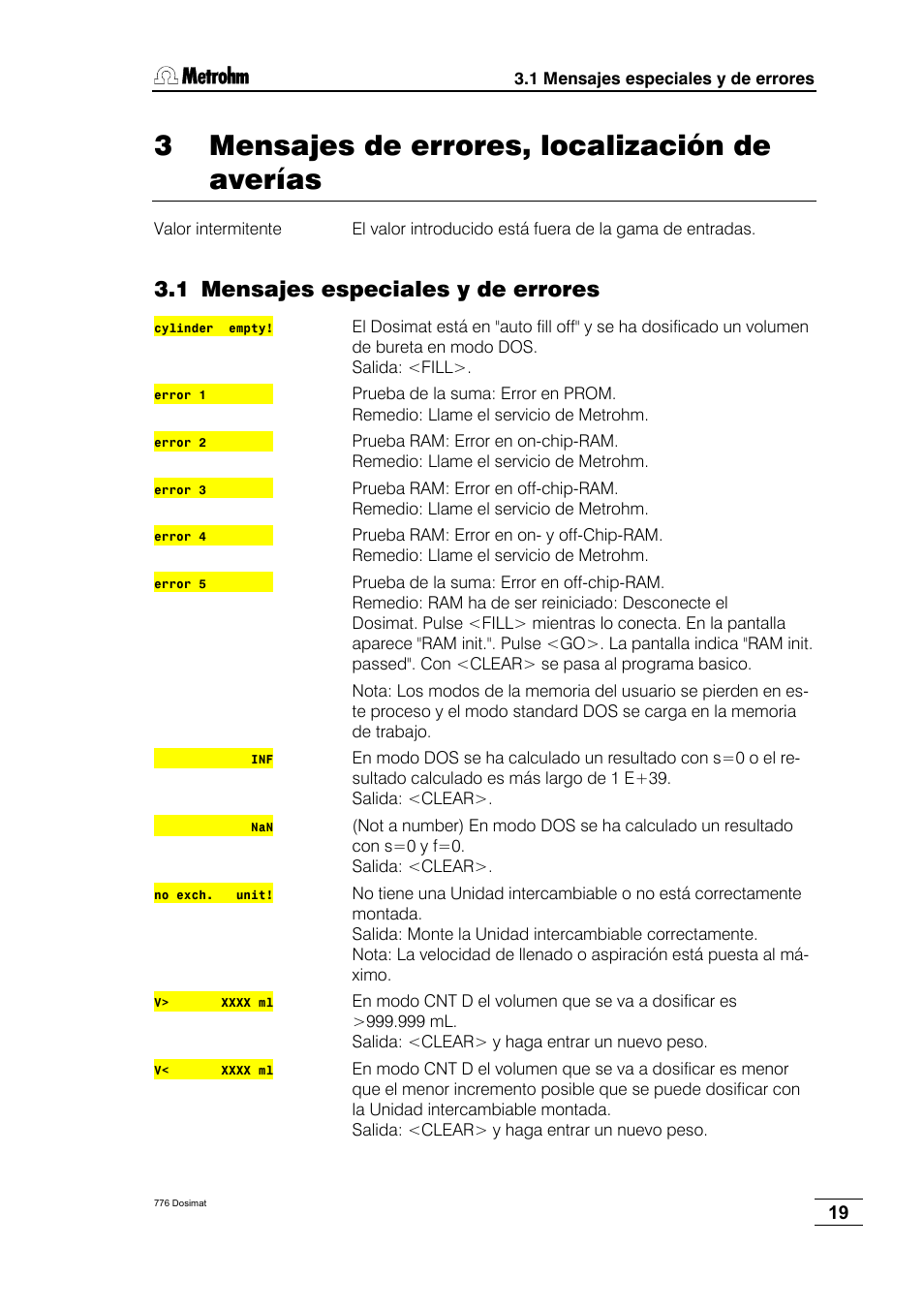 3 mensajes de errores, localización de averías, 1 mensajes especiales y de errores | Metrohm 776 Dosimat User Manual | Page 23 / 42